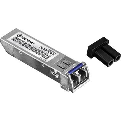 Un gros plan d'un module SFP (Small Form-factor Pluggable) rectangulaire en métal étiqueté 'TEG-MGBS10' avec deux fiches noires à côté.