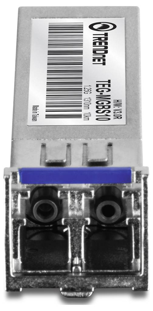 Un module émetteur-récepteur à fibre optique TRENDnet avec code-barres et numéro de modèle « TEG-MGBSX ». Utilisé pour les connexions réseau dans les systèmes de données.