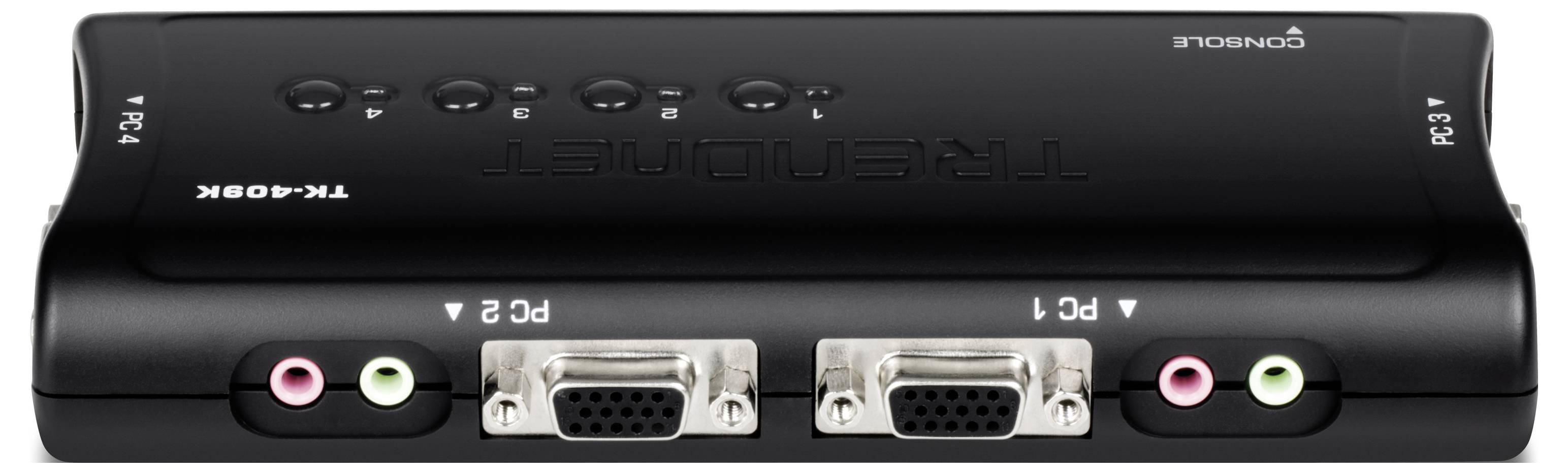 Un commutateur KVM TRENDnet noir à 2 ports VGA avec support audio, doté de deux ports VGA et de prises audio étiquetés pour PC 1 et PC 2.