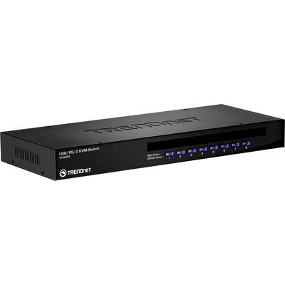 Commutateur KVM TRENDnet USB/PS2 avec sept boutons bleus à bascule étiquetés de 1 à 8 pour le pilotage de différentes entrées informatiques.