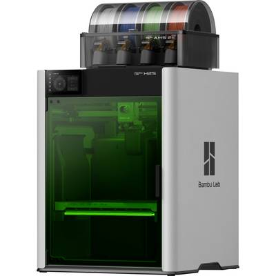 Une imprimante 3D avec un panneau avant transparent de couleur verte et plusieurs bobines de filament posées sur le dessus. Le nom de la marque de l'imprimante est visible sur le côté.