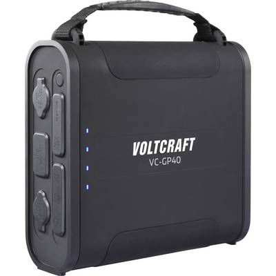 Une station d'énergie portable noire avec une poignée, affichant le nom de marque « Voltcraft VC-GP40 » et des indicateurs de charge LED.