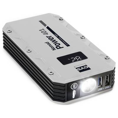 Batterie externe portable avec fonction lampe de poche, affichage numérique indiquant le niveau de batterie, et deux ports USB étiquetés « USB 1 » et « USB 2 ».