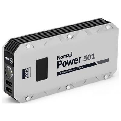 Un démarreur de batterie portable de marque 'Nomad Power 501', doté d'un boîtier gris, équipé d'une lampe torche et de ports USB, utilisé pour faire démarrer les batteries de voiture.