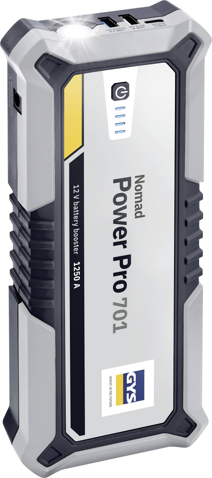 Démarreur portable de batterie étiqueté « Nomad Power Pro 701 » avec une sortie de 12V et une capacité de 1250A, équipé de ports USB sur sa face supérieure.