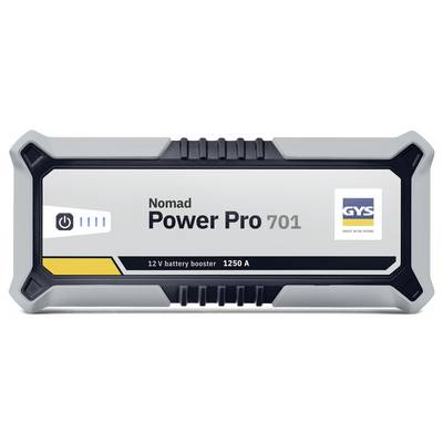 Booster de batterie étiqueté « Nomad Power Pro 701 », 12V, 1250A avec symbole de bouton marche/arrêt et logo GYS, conçu pour une utilisation sur véhicule.