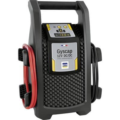 Un démarreur de batterie portable avec un affichage numérique, étiqueté 'Gycap 12V DC/DC', est doté de câbles rouges et noirs pour la connexion à la batterie.