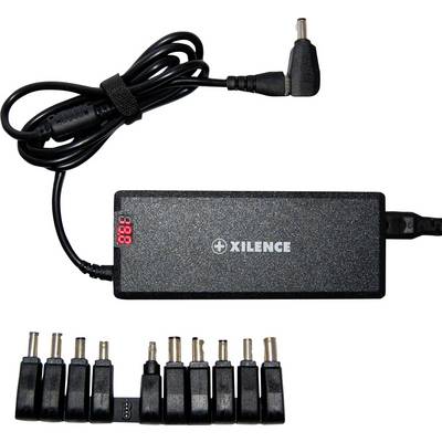 Un adaptateur d'alimentation pour ordinateur portable Xilence noir avec affichage numérique, tension ajustable et plusieurs fiches interchangeables pour une compatibilité universelle.