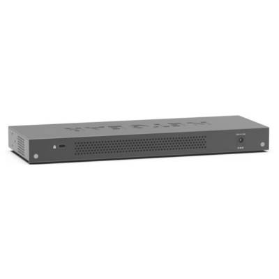 Commutateur réseau avec 'NETGEAR' inscrit en haut. Le panneau avant comporte des ouïes de ventilation, un port USB à gauche et un bouton d'alimentation à droite.