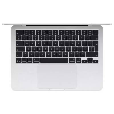 Un ordinateur portable argenté vu de dessus, montrant un clavier AZERTY avec des touches noires, un pavé tactile intégré et un bord d'écran fin.