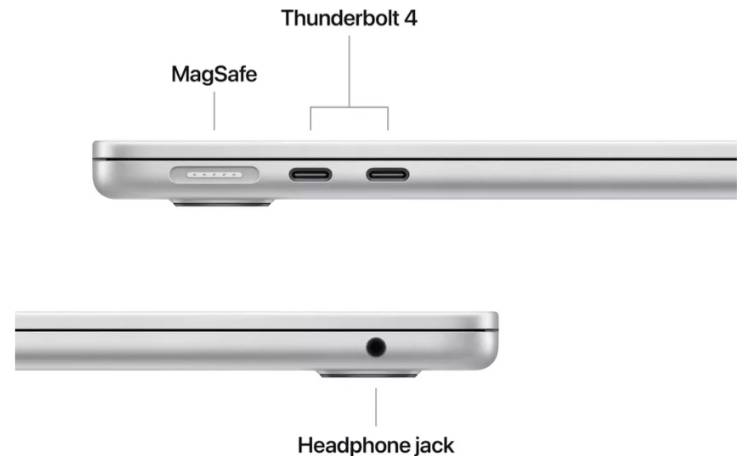« La vue latérale d'un ordinateur portable montre les ports : MagSafe et deux Thunderbolt 4 sur la gauche ; une prise jack pour casque sur la droite. »