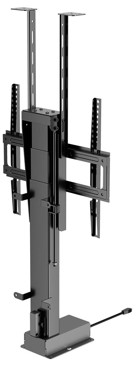 Un support de téléviseur motorisé noir conçu pour un levage vertical, doté de bras extensibles et d'une base avec un câblage, adapté à une installation au plafond.