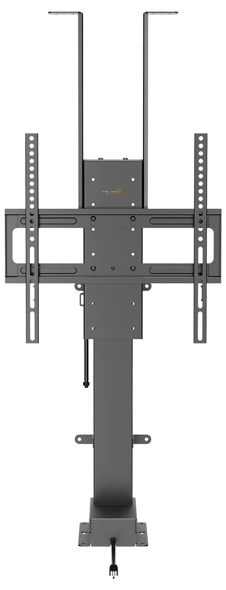 Un support mural pour téléviseur haut et ajustable, conçu pour une grande stabilité. Il dispose d'un socle robuste, de supports verticaux et horizontaux, et de crochets de gestion des câbles.