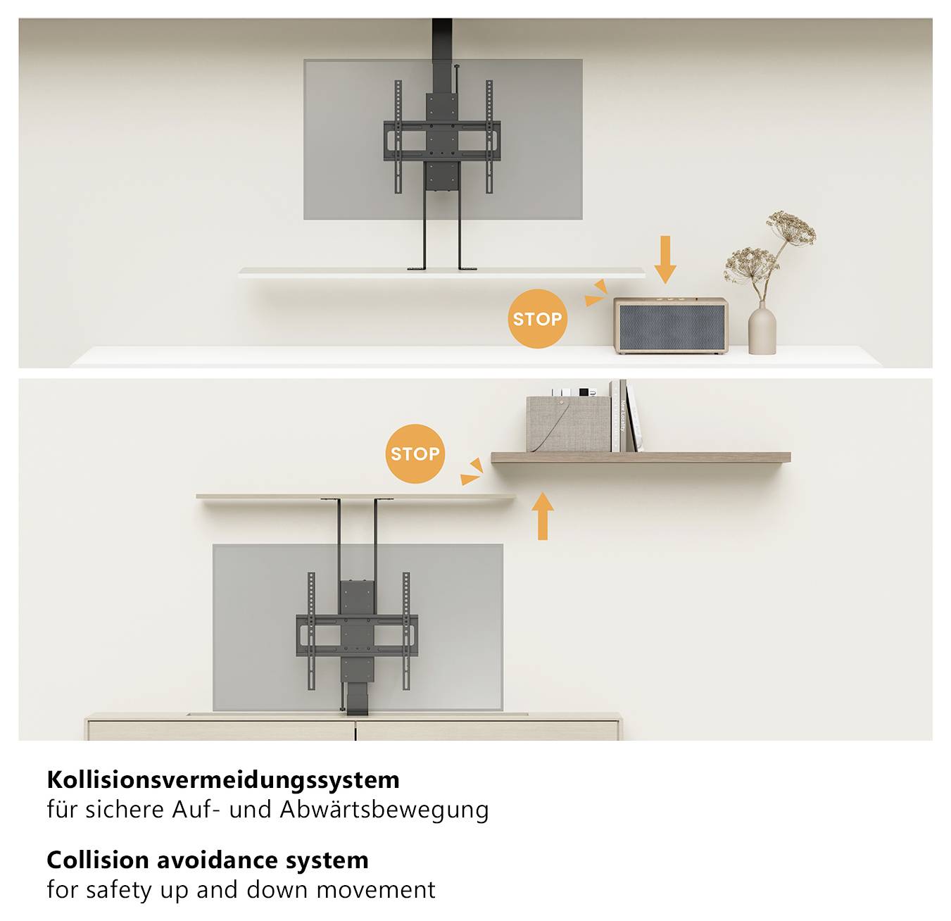 Deux images montrent un système d'évitement de collision pour un support de téléviseur. La télévision s'abaisse, évitant les objets en dessous. Les légendes indiquent « Système d'évitement de collision pour un mouvement vertical sécurisé ».