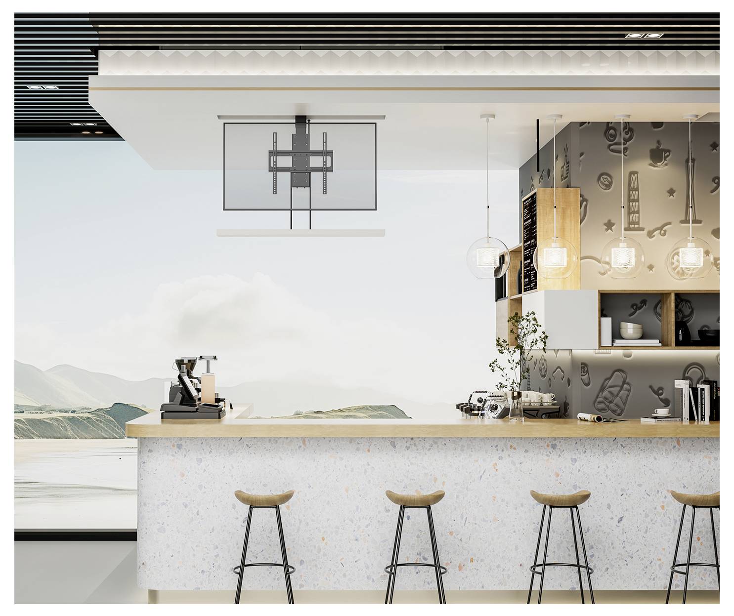 Un café moderne avec un comptoir en terrazzo, quatre tabourets de bar, des luminaires suspendus, une machine à café et des étagères. Grande fenêtre avec vue sur la montagne.