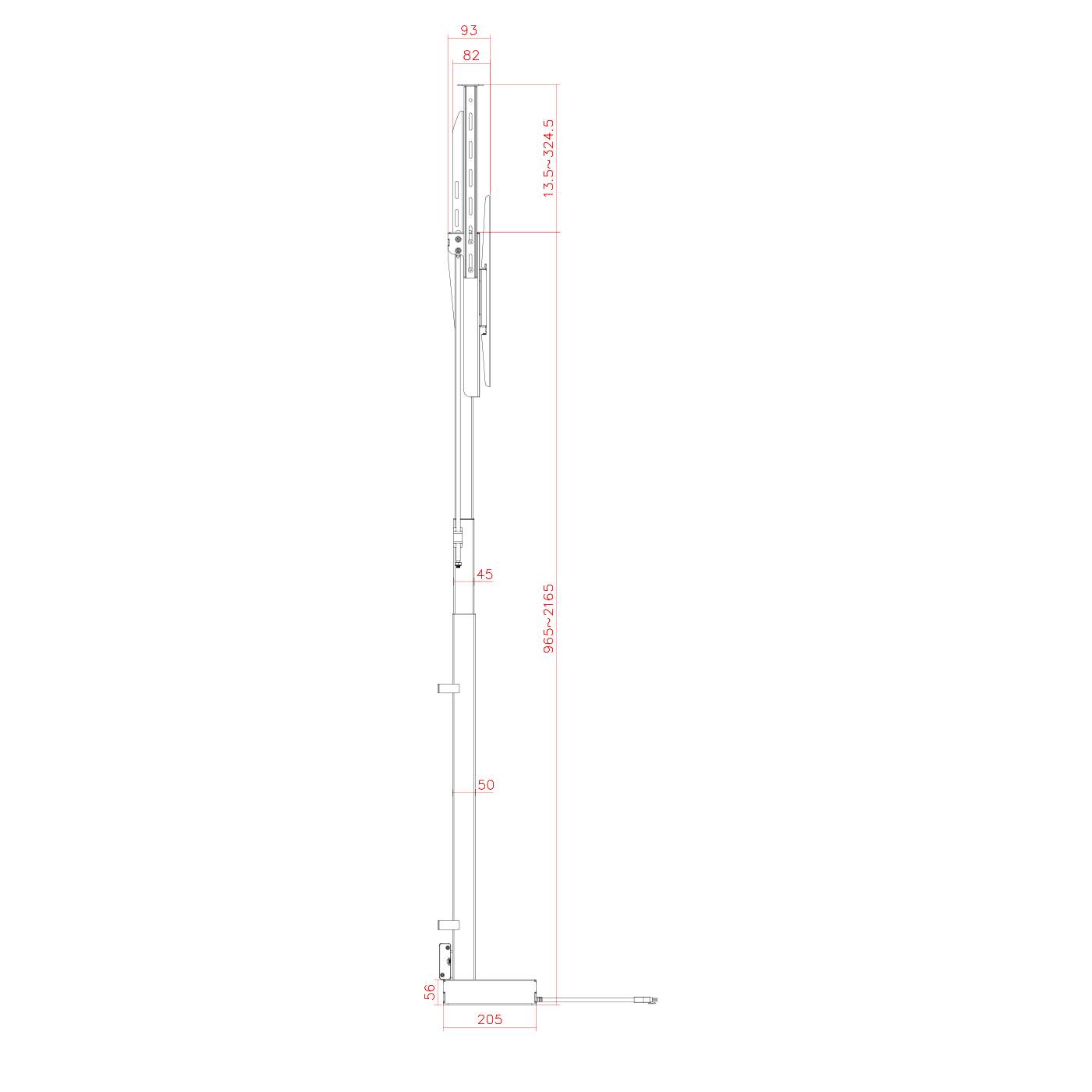 Vue technique de profil d'une structure haute et élancée avec des dimensions indiquées en rouge. Hauteur totale de 912-2094 mm, base inférieure mesurant 205 mm.