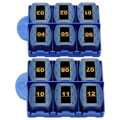 Deux plateaux bleus, chacun contenant six dispositifs numérotés. Les numéros du plateau supérieur sont 03, 02, 01, 04, 05, 06. Les numéros du plateau inférieur sont 60, 80, 20, 10, 11, 12.