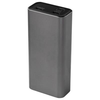 Un élégant bloc d'alimentation portable noir avec des ports de charge USB-C et USB-A étiquetés sur le dessus, conçu pour recharger les appareils mobiles.