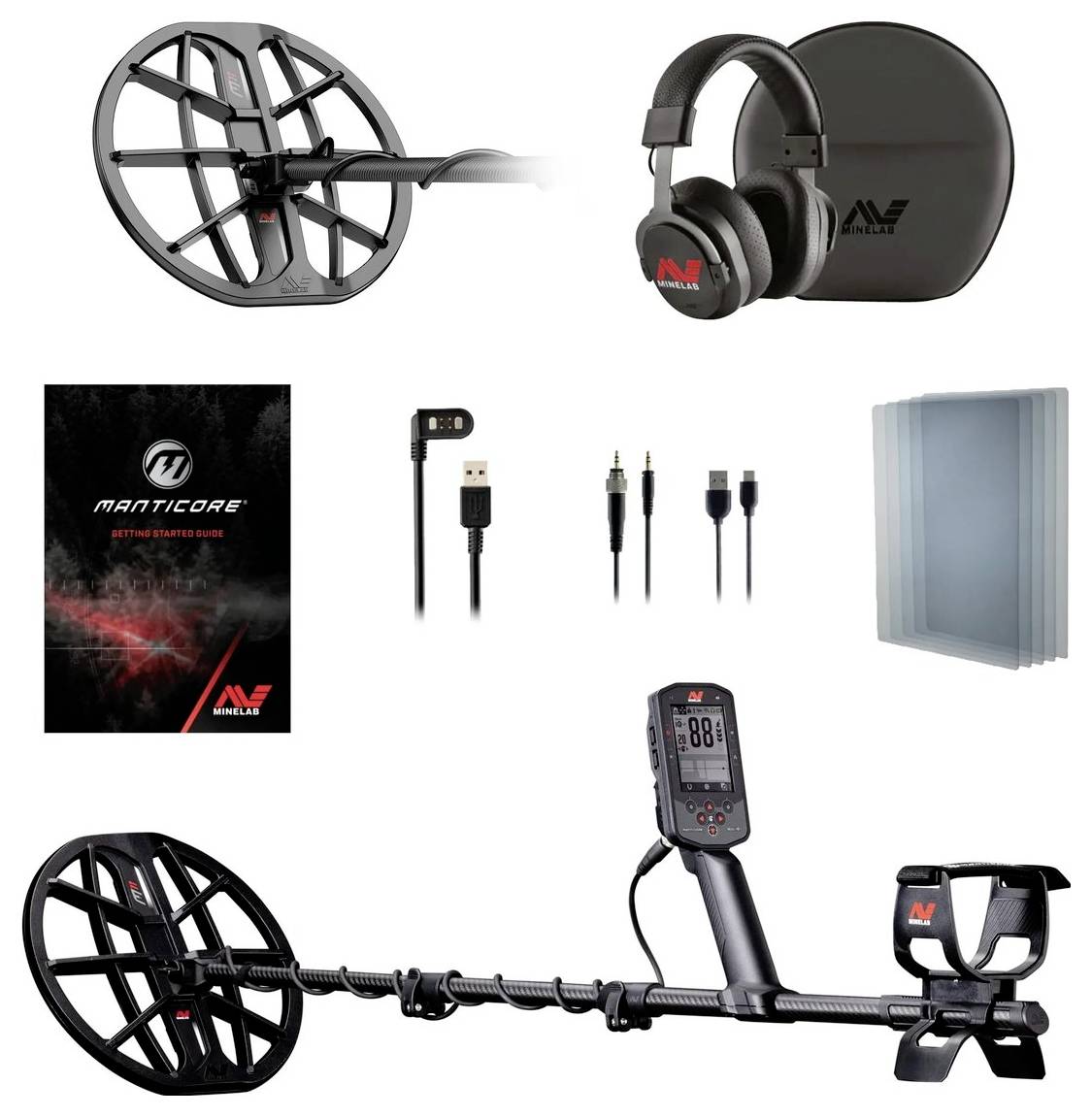 Kit de détecteur de métaux comprenant un détecteur de métaux, des écouteurs, une bobine, des câbles de charge et un manuel. Étiqueté 'ManticoRe' par Minelab.