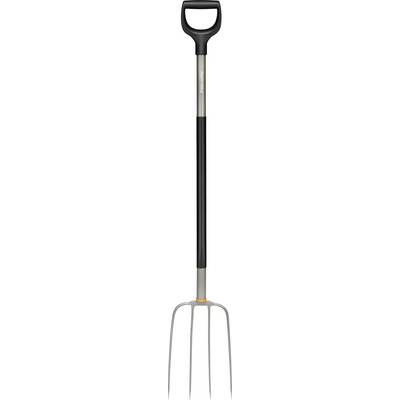 Une fourche de jardin en métal avec une poignée en D noir et trois dents pointues, utilisée pour creuser ou retourner la terre.