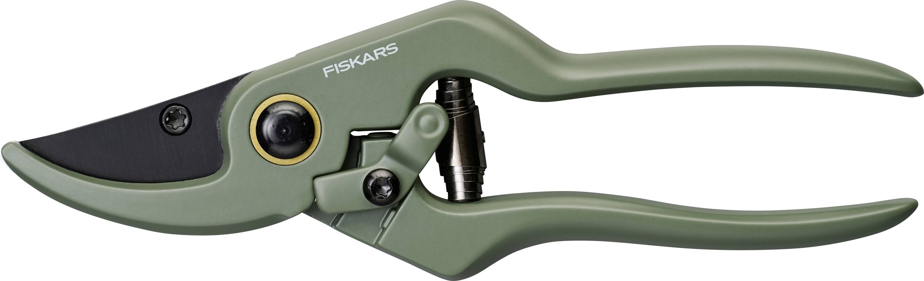 Un sécateur Fiskars vert avec une lame incurvée noire, une poignée ergonomique et un mécanisme de verrouillage pour les travaux de jardinage.
