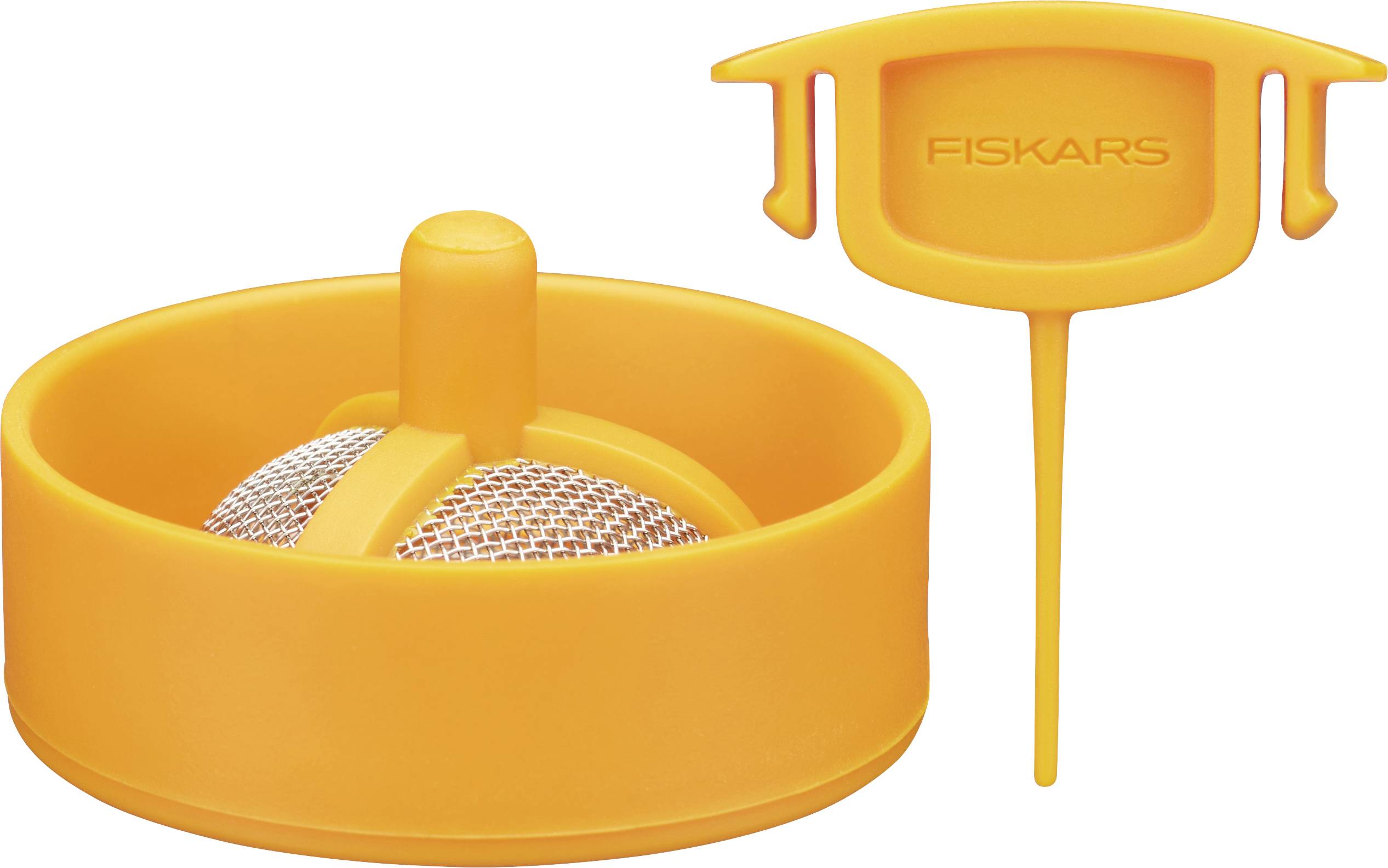Affûteur de lames Fiskars orange avec couvercle en maille et protège-lame en plastique, conçu pour affûter et protéger les lames en toute sécurité.