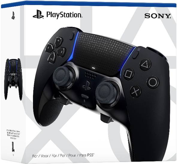 Boîte de la manette sans fil DualSense de PlayStation 5 présentant une manette noire avec des touches bleues et les logos PlayStation et Sony.