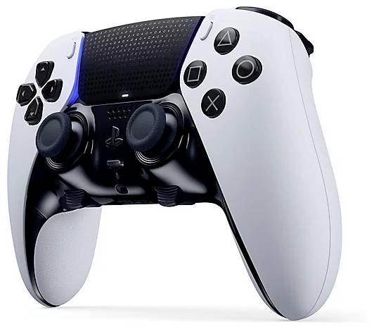 Une manette de jeu blanche avec des poignées et des boutons noirs, dotée d'un pavé tactile et de deux stick analogiques, conçue pour les consoles de jeux modernes.