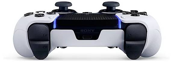 Une manette de jeu blanche et noire avec des sticks analogiques et des boutons, montrant la vue de face avec une barre lumineuse bleue, probablement destinée à une console de jeux vidéo.