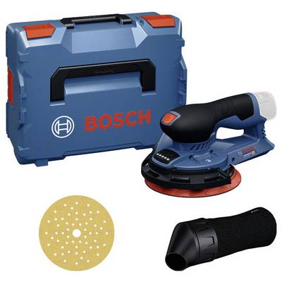 Ponceuse électrique avec système d'aspiration des poussières et disque de ponçage, présentée devant un coffret à outils bleu Bosch.