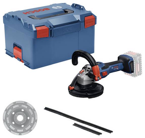 Un ensemble d'outils électriques comprend un outil de ponçage avec une batterie attachée, un coffret de rangement portant l'étiquette « Bosch », un disque de meulage et deux bandes de brosse.