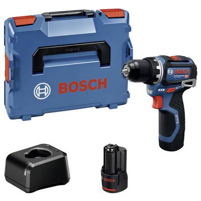 Un ensemble de perceuse sans fil Bosch avec un coffret de transport bleu, une batterie et un chargeur, présentant un design compact pour une manipulation et un rangement faciles.