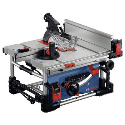 Une scie circulaire sur table Bosch avec une lame circulaire, un carter de protection, et des composants ajustables pour des coupes précises, présentée sur un châssis métallique.