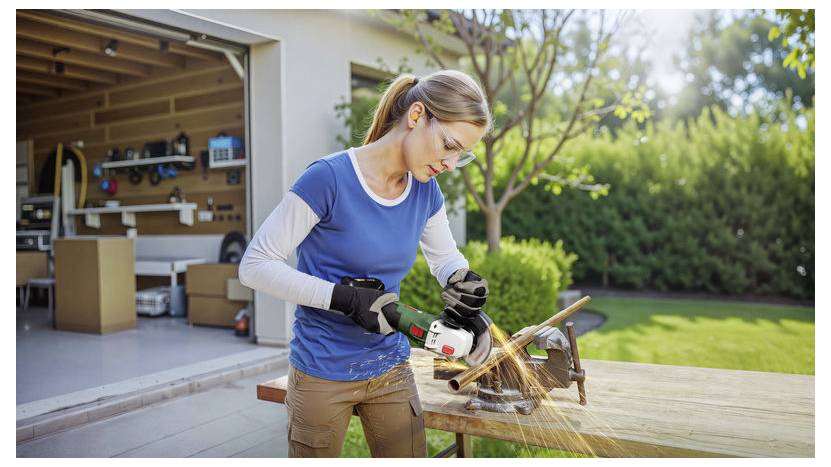 Une femme utilise une meuleuse d'angle pour couper des tuyaux métalliques sur un établi à l'extérieur, avec un garage en arrière-plan. Elle porte un équipement de sécurité.