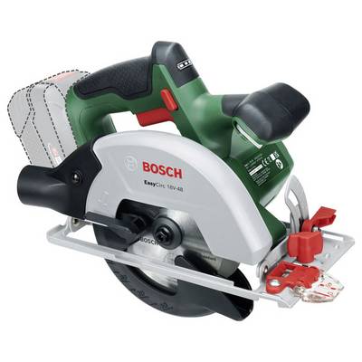 Une scie circulaire Bosch EasyCirc 18V-48 avec un corps vert et argenté, équipée d'une batterie amovible et d'un carter de protection, sur un fond blanc.