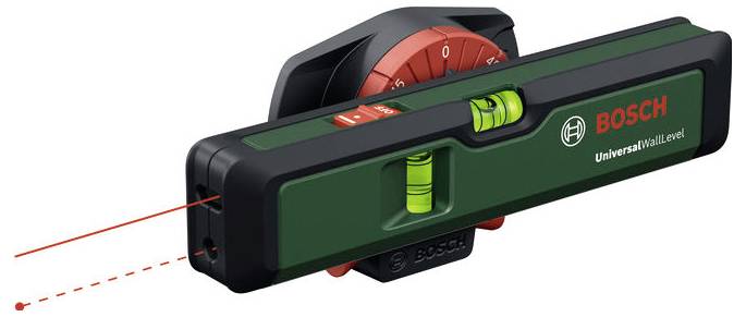 Un niveau laser Bosch UniversalLevel avec un corps vert et des bulles de nivellement doubles projette une ligne laser rouge, utilisé pour des tâches d'alignement.