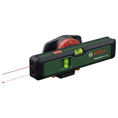 Un niveau laser Bosch UniversalLevel avec un corps vert et des bulles de nivellement doubles projette une ligne laser rouge, utilisé pour des tâches d'alignement.