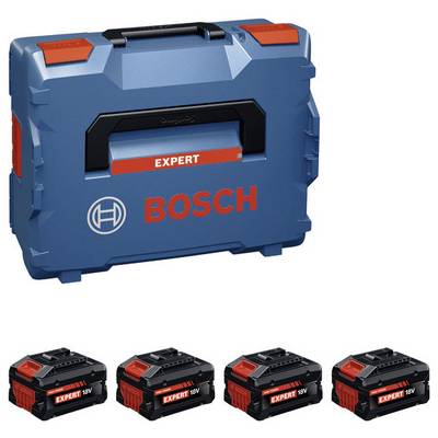 Un étui à outils bleu portant l'étiquette « Expert Bosch » avec quatre batteries de 18V disposées en dessous, présentant un ensemble de rangement pour outils électriques.
