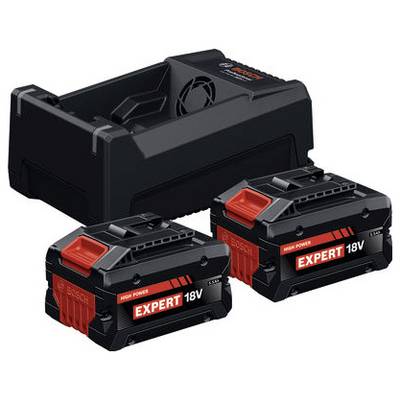 Deux batteries 'EXPERT 18V' et un chargeur compatible, tous étiquetés Bosch, conçus pour des performances haute puissance et efficaces.
