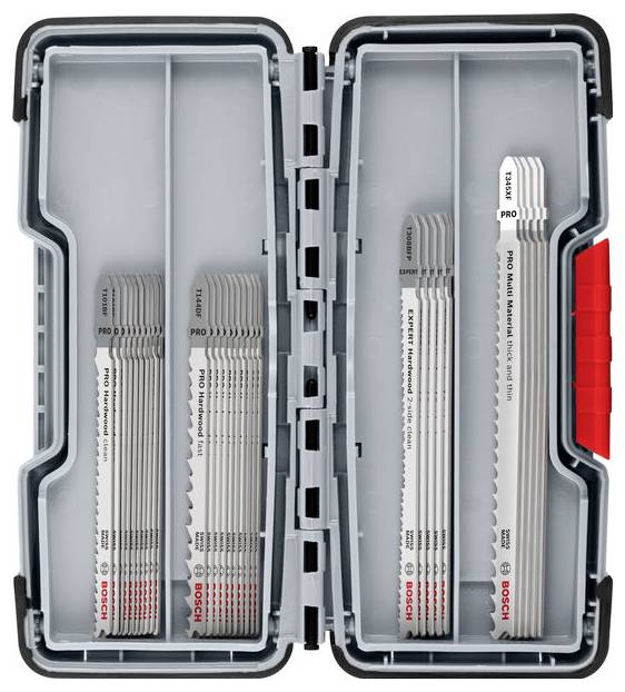 Un étui ouvert contenant plusieurs jeux de lames de scie sauteuse Bosch, disposées soigneusement par sections, présentant différents types et tailles de lames.