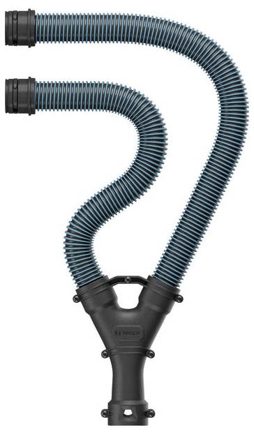 Un tuyau d'aspirateur flexible et enroulé, doté de deux branches, portant un logo 'Bosch' sur un raccord en plastique. Conçu pour des connexions polyvalentes.