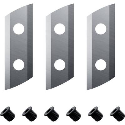 Trois lames de rasoir en argent, chacune percée de deux trous ronds, sont alignées verticalement à côté de trois capuchons de vis noirs positionnés en dessous de chaque lame.