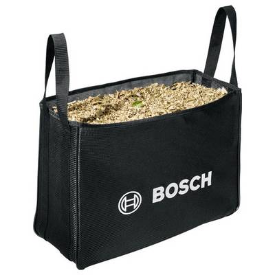 Un sac en tissu noir Bosch rempli de copeaux de bois ou de paillis, muni de poignées de transport.
