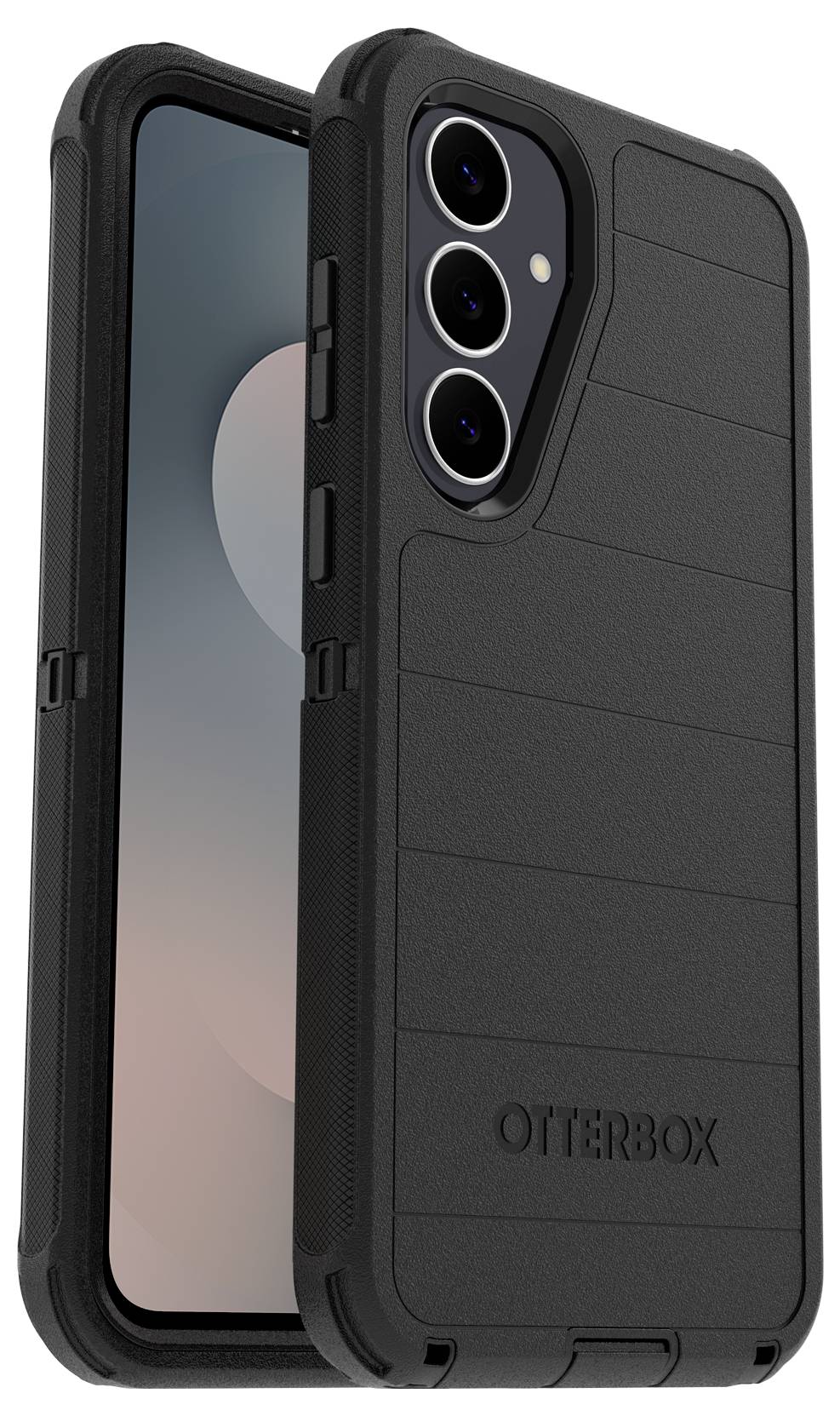 Étui de téléphone renforcé OtterBox noir montré sur un smartphone, vues de face et de dos avec découpe triple caméra arrière.