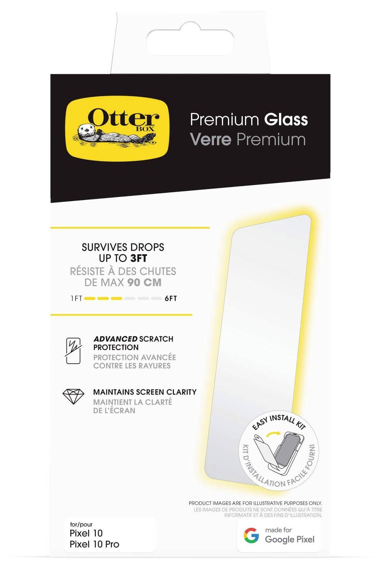 Protection d'écran 'Premium Glass' pour Pixel 10, offrant une protection contre les chutes jusqu'à 1 mètre et une clarté d'écran cristalline. Comprend des instructions d'installation faciles à suivre.