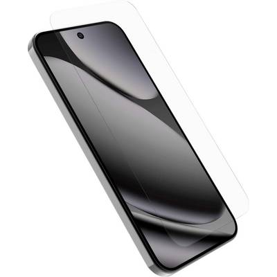 Un smartphone doté d'un couvercle de protection en verre, légèrement incliné vers la gauche, avec un appareil photo frontal situé au centre supérieur de l'écran.