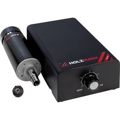 Un moteur de broche noir et un contrôleur étiquetés 'HOLZMANN' avec un bouton de réglage de puissance marqué de 'MIN' à 'MAX', à côté d'un adaptateur de mandrin.