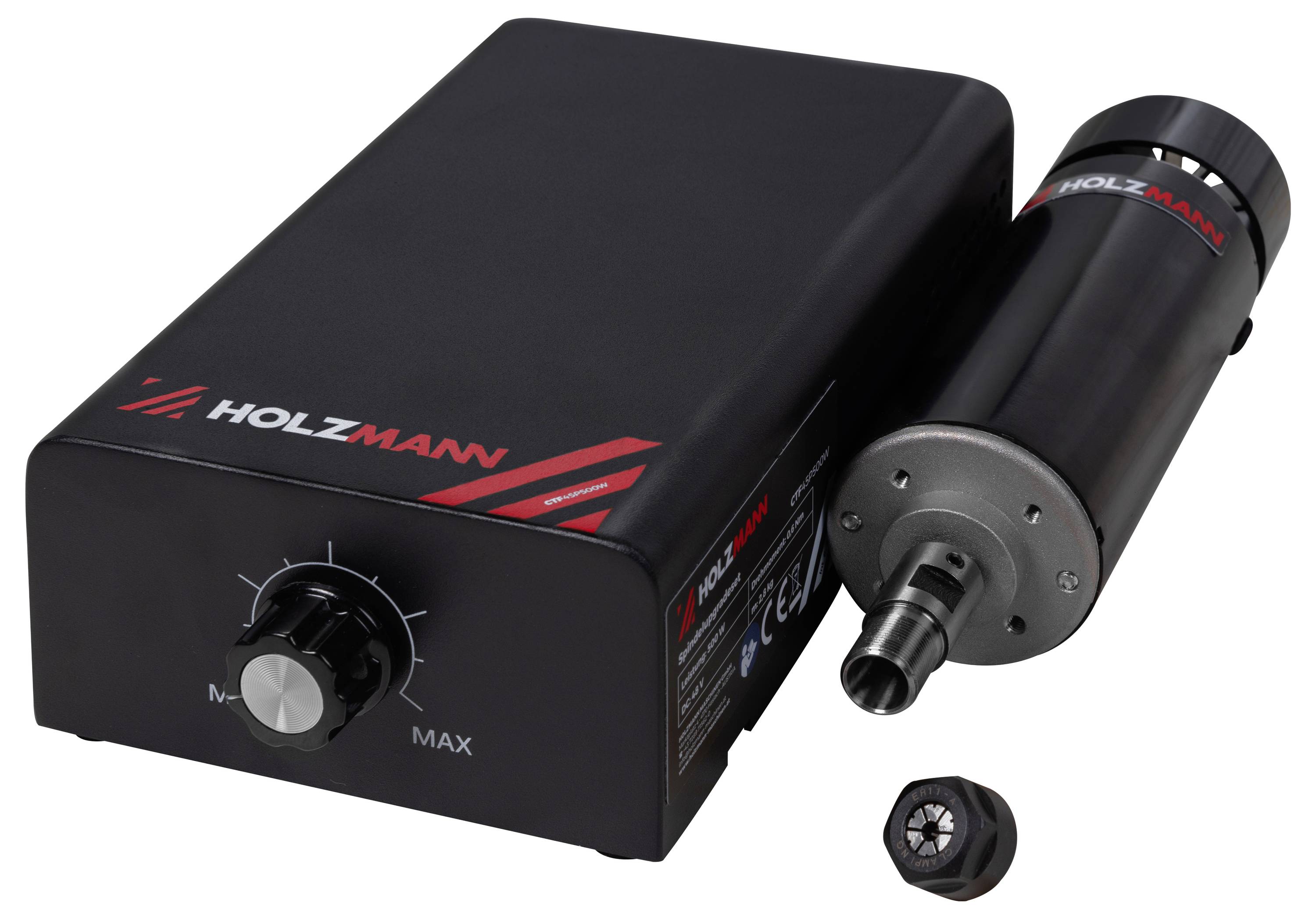 Un appareil électronique Holzmagn noir avec un bouton de contrôle, étiqueté avec des réglages minimum et maximum, accompagné d'un composant cylindrique et d'un petit raccord.