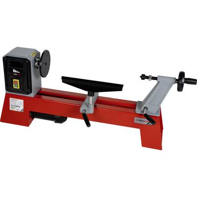 'Tour à bois de table rouge avec poignées et commandes noires, adapté pour façonner des objets en bois. Doté d'un support d'outil réglable et d'un mécanisme de rotation.'