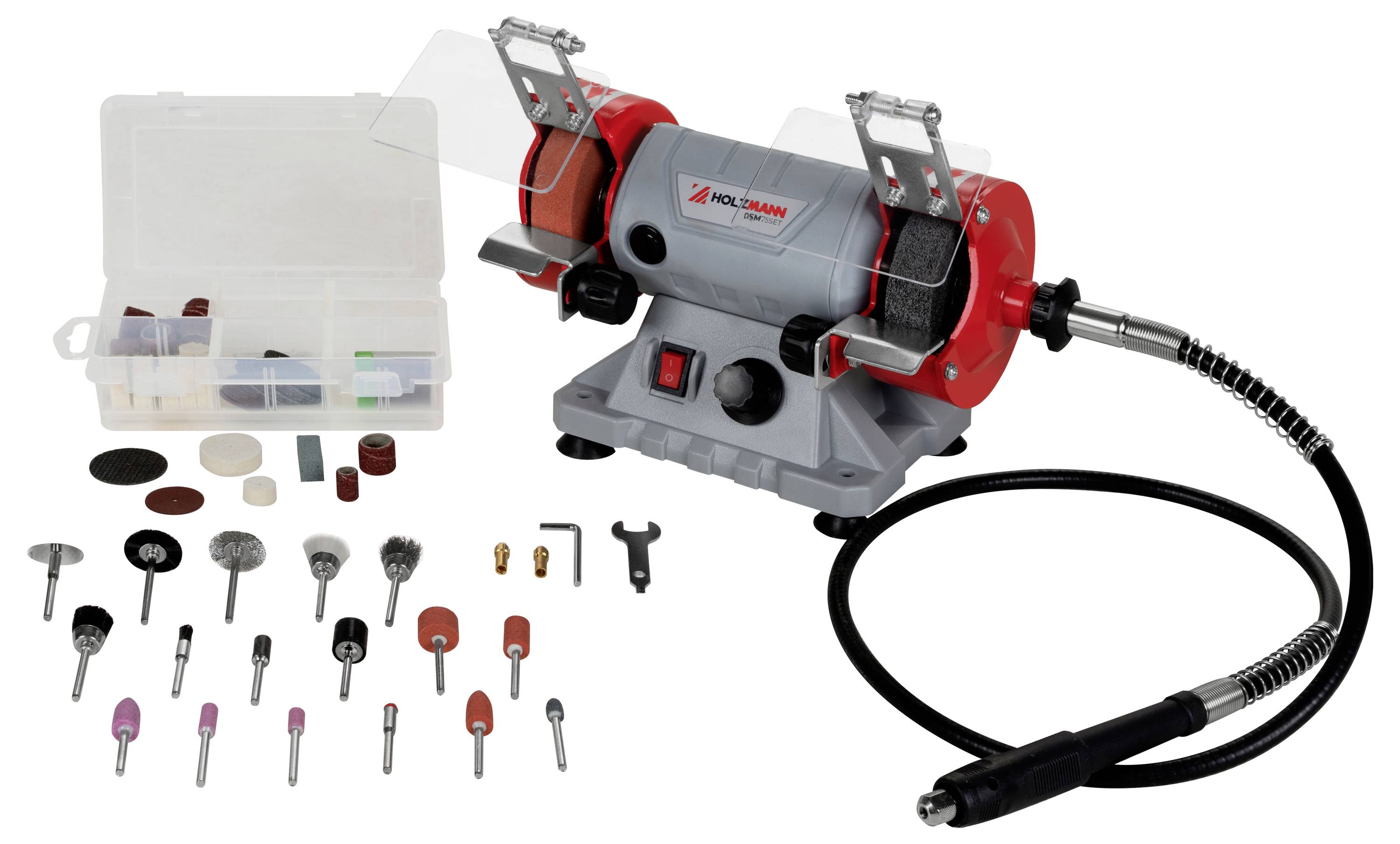 Un kit d'outil rotatif rouge et gris avec différentes pièces jointes est exposé à côté d'un coffret de rangement contenant des composants supplémentaires.